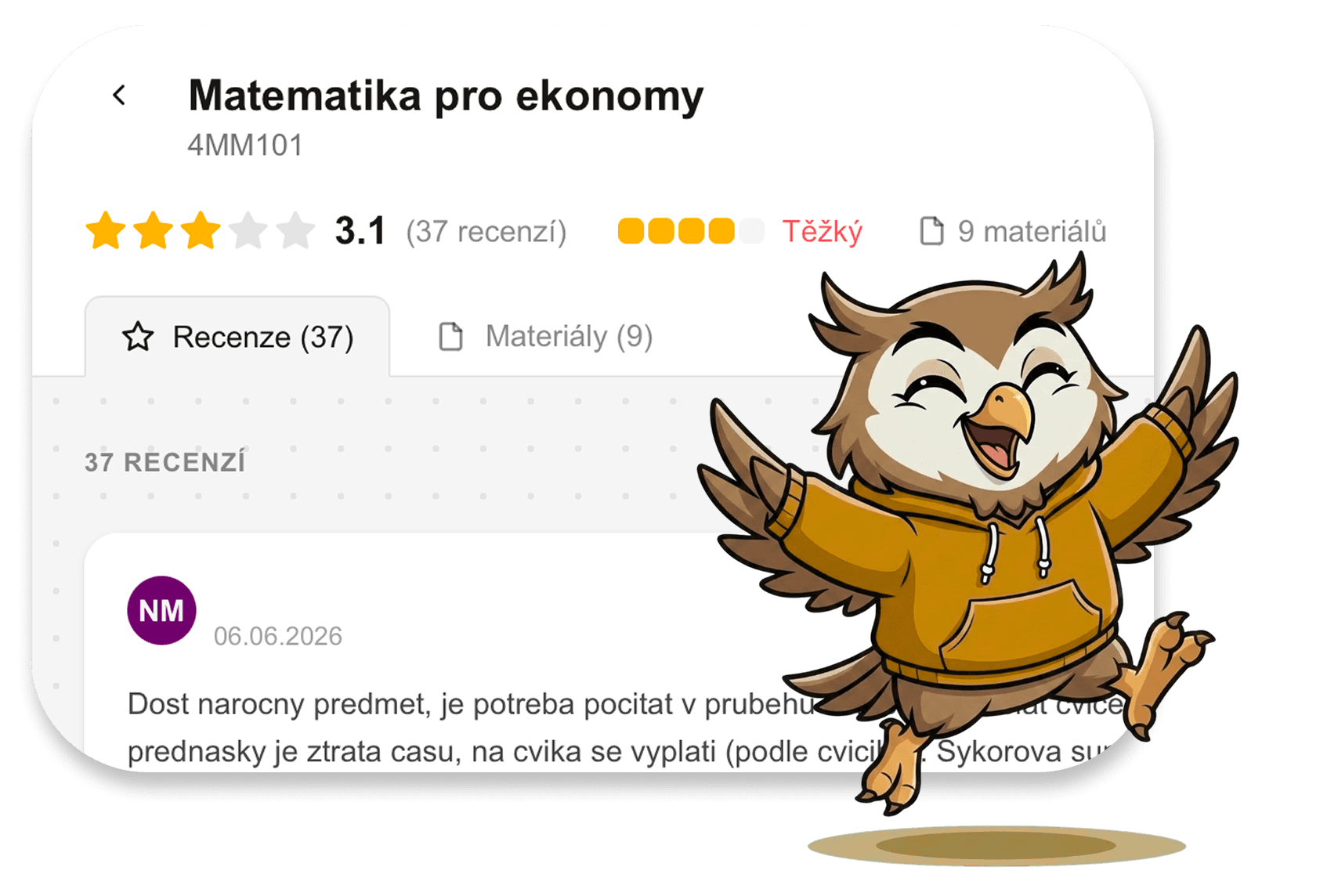 Ukázka hodnocení předmětu a stažitelných studijních materiálů na VŠEborci