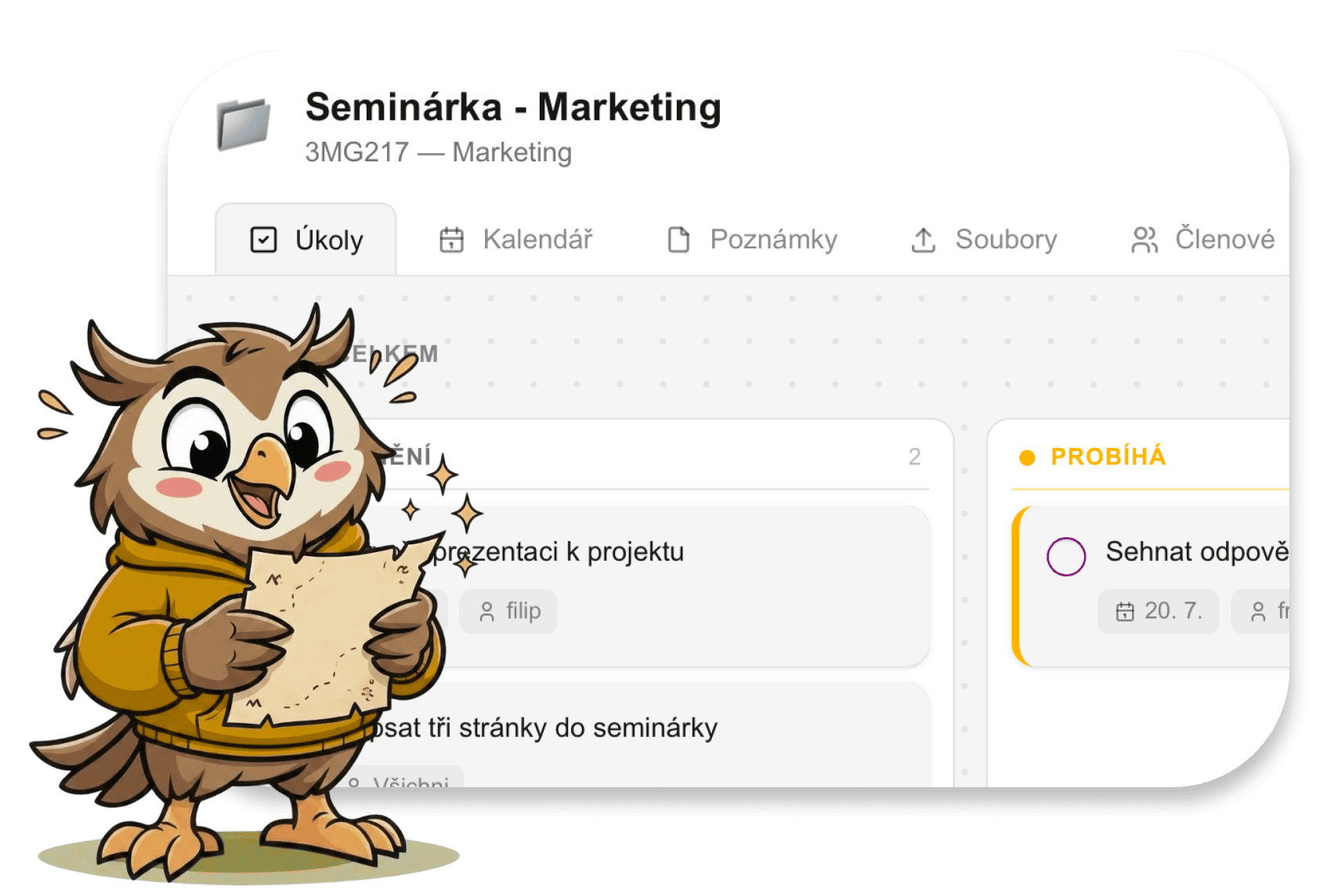 Ukázka nástěnky s úkoly pro skupinový projekt na VŠEborci
